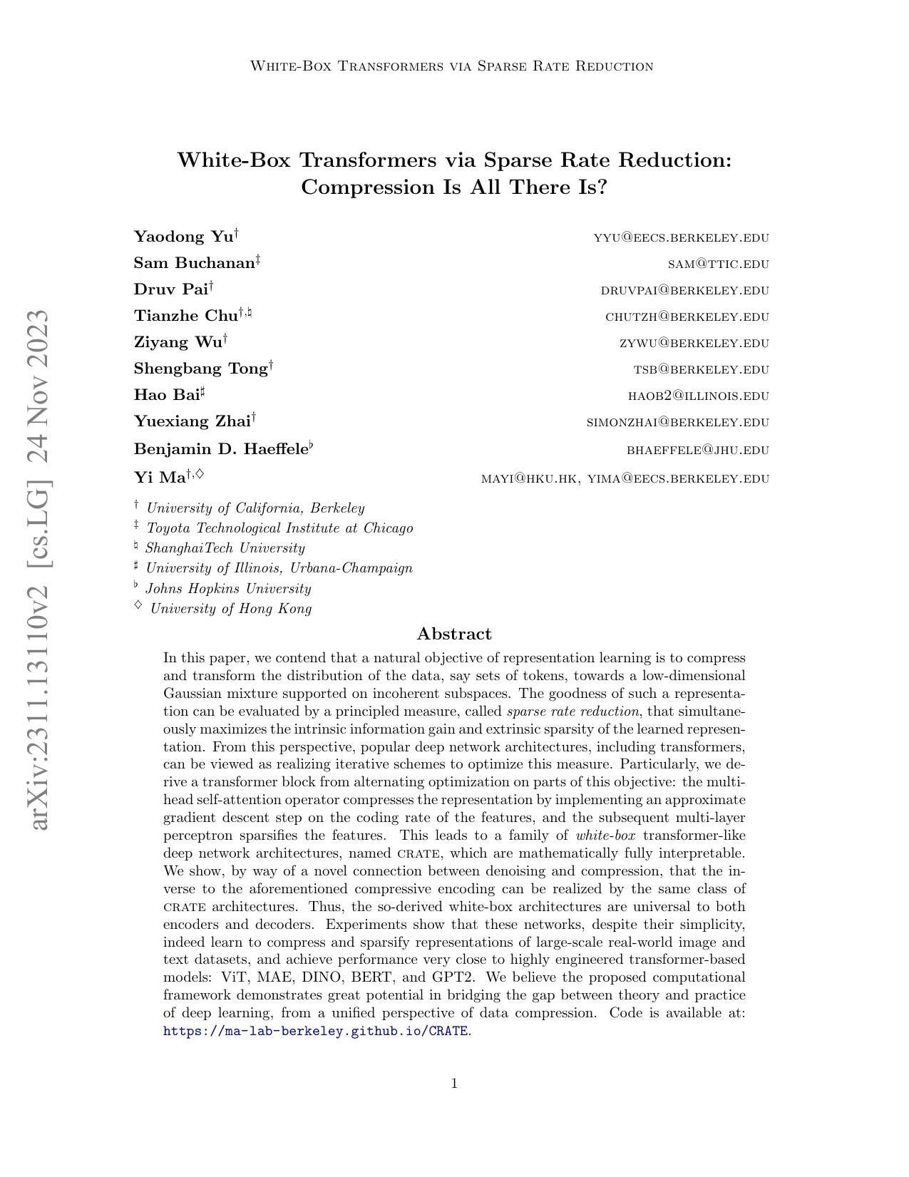 White-Box Transformers via Sparse Rate Reduction: Compression Is All There Is?